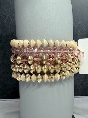 🚨3 for $15🚨 Forever 21 - Pink, Wooden and Gold Tone Beaded Stack Bracelets
